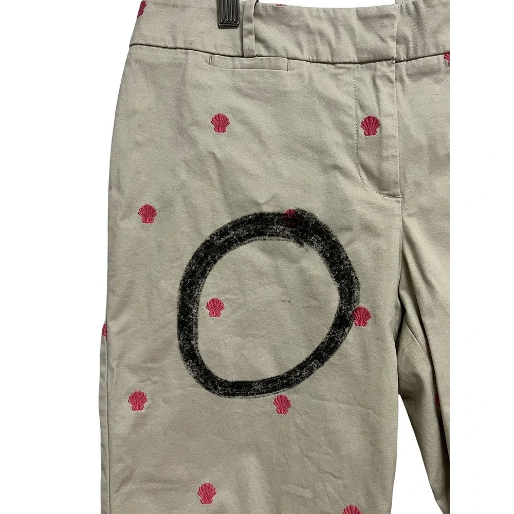 Talbots Cropped Pants‎ Womens 10P Tan Pink Shell Nautical Embroidered Ankle